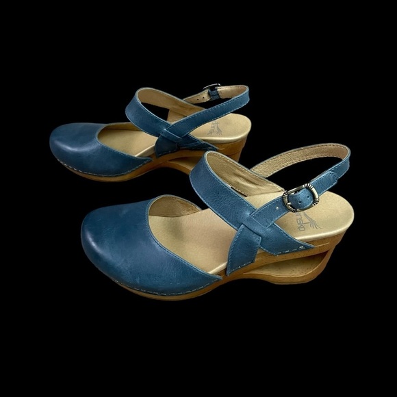 Dansko Taci Mary Jane Clogs Women’s 7 EU 37 Blue Leather Wood Cutout - Picture 5 of 13
